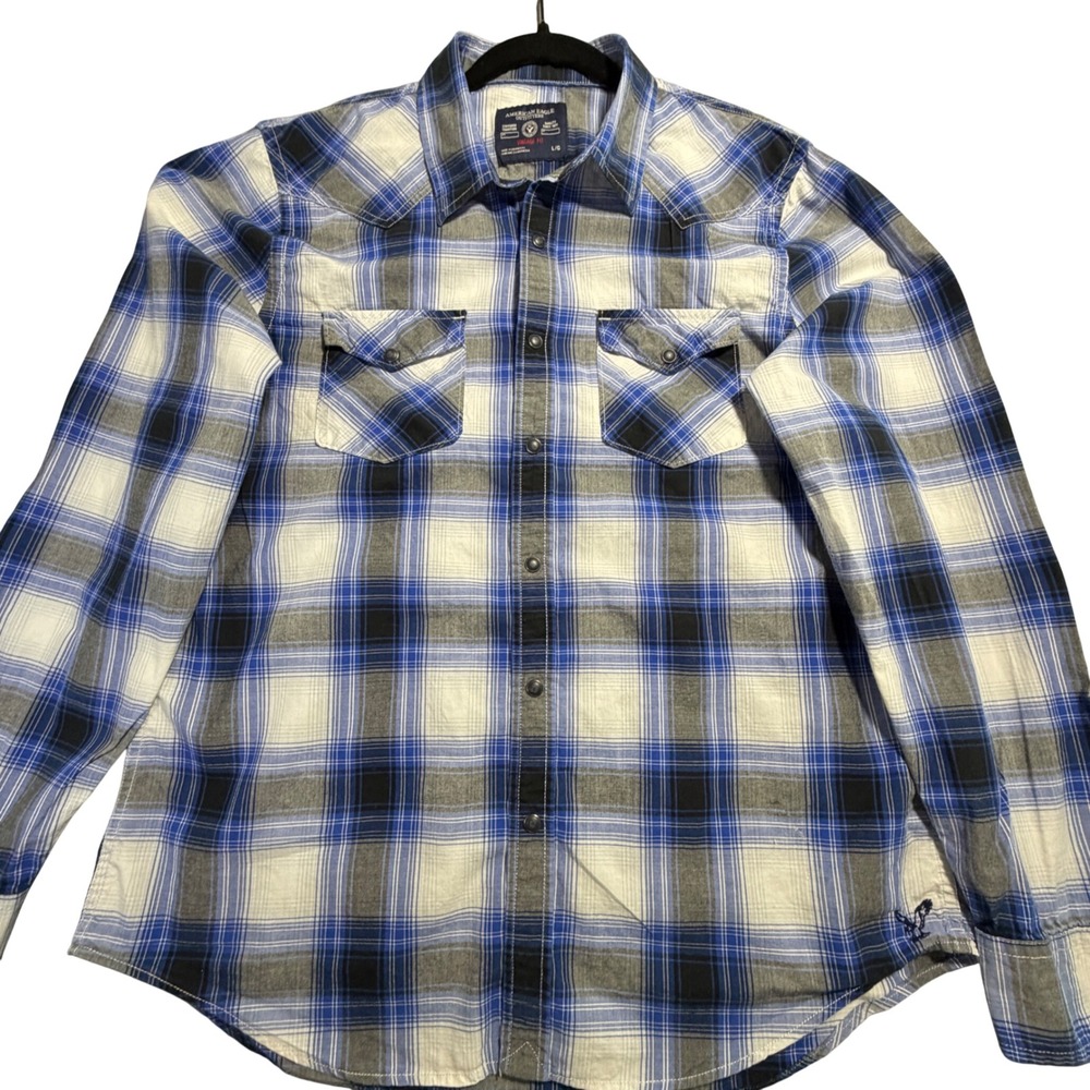 Mens Vintage Fit Plaid‎ Snap Front Western Flannel Shirt Blue L Rodeo Cowboy